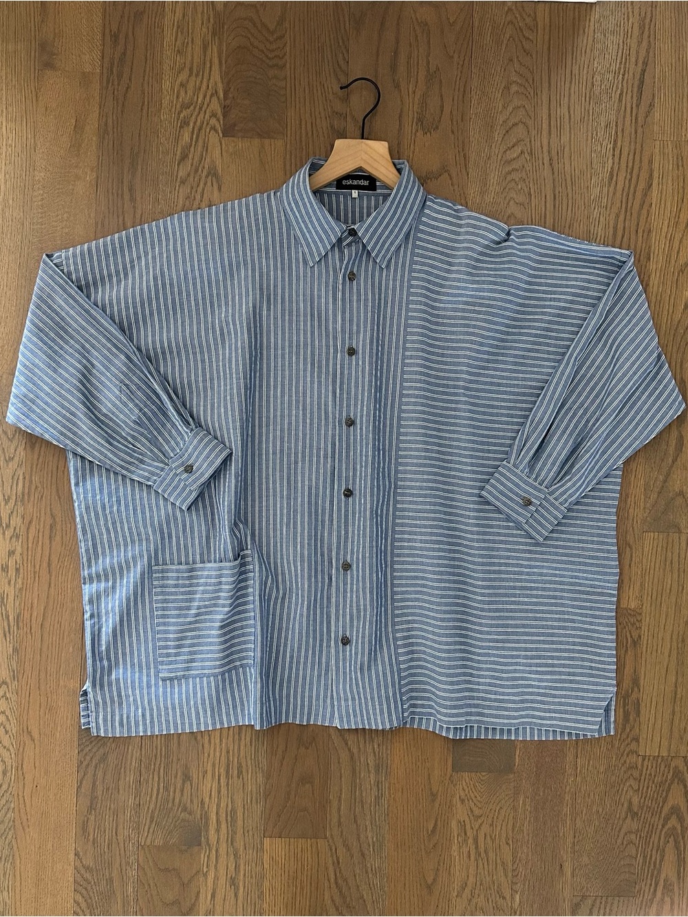 Eskandar Cotton Wide Longer Back Collared Stripe Panel Shirt Blue, White 1 / L